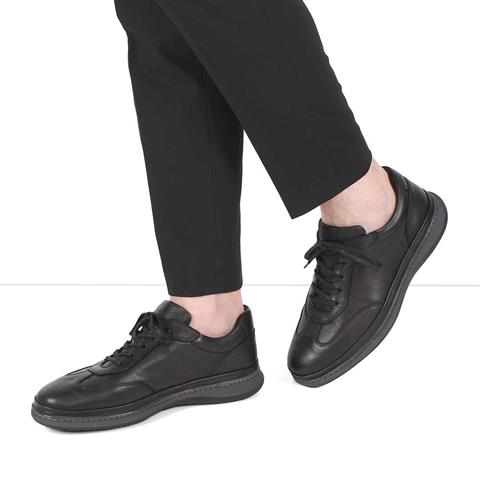 Erkek Siyah Bağcıklı Deri Sneaker