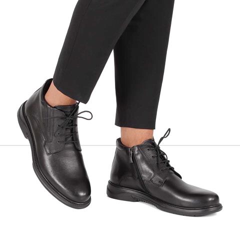 Erkek Siyah Bağcıklı Fermuarlı Deri Bot