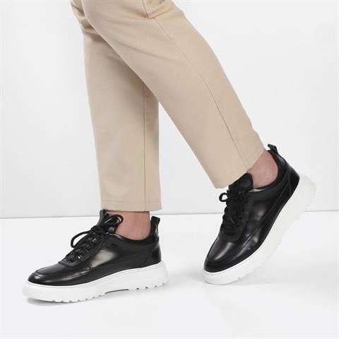 Erkek Siyah Bağcıklı Kalın Tabanlı Açma Deri Sneaker
