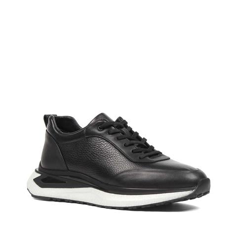 Erkek Siyah Bağcıklı Kalın Tabanlı Deri Sneaker