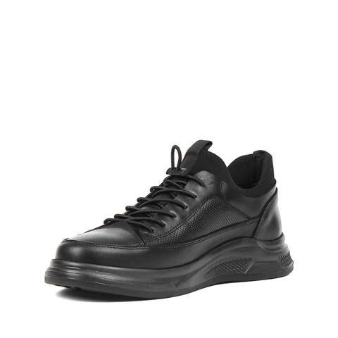 Erkek Siyah Bağcıklı Kalın Tabanlı Deri Sneaker