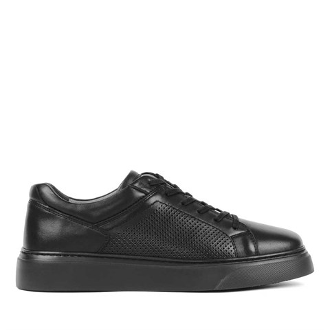 Erkek Siyah Bağcıklı Kalın Tabanlı Deri Sneaker