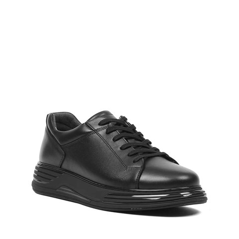 Erkek Siyah Bağcıklı Kalın Tabanlı Deri Sneaker