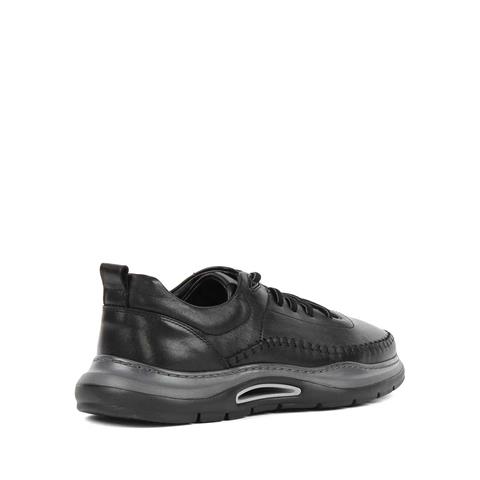 Erkek Siyah Bağcıklı Kalın Tabanlı Deri Sneaker