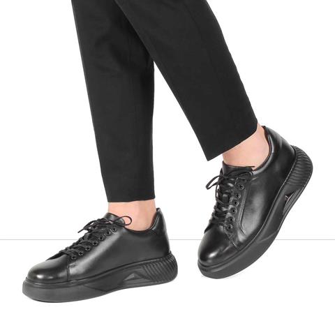 Erkek Siyah Bağcıklı Kalın Tabanlı Deri Sneaker