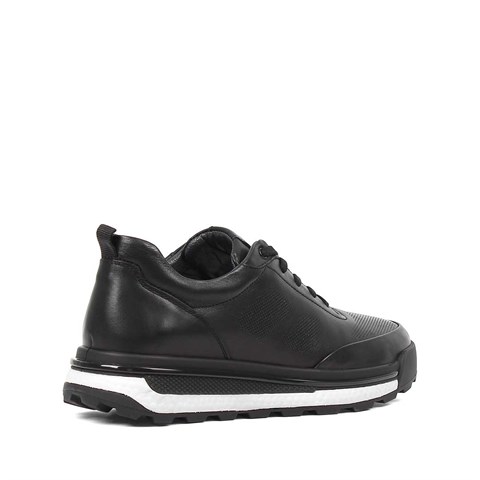 Erkek Siyah Bağcıklı Kalın Tabanlı Deri Sneaker