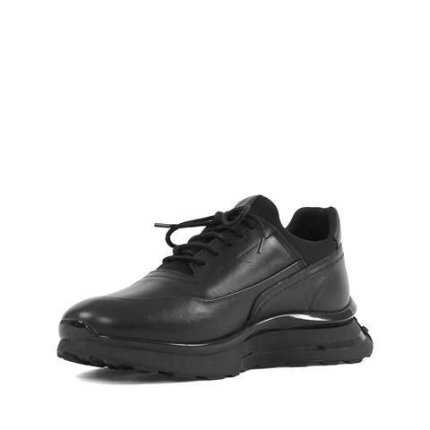Erkek Siyah Bağcıklı Kalın Tabanlı Deri Sneaker