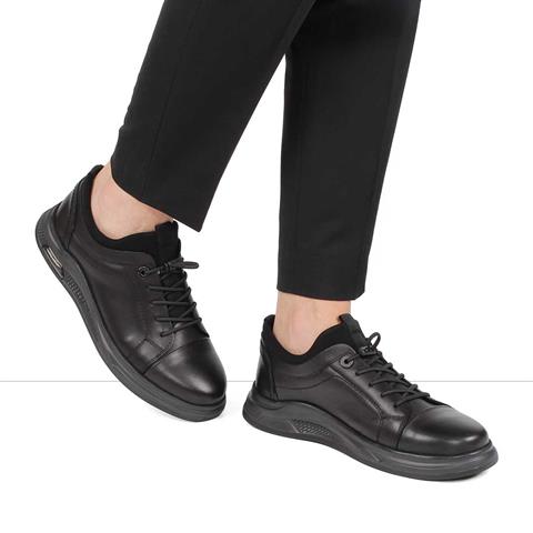 Erkek Siyah Bağcıklı Kalın Tabanlı Deri Sneaker