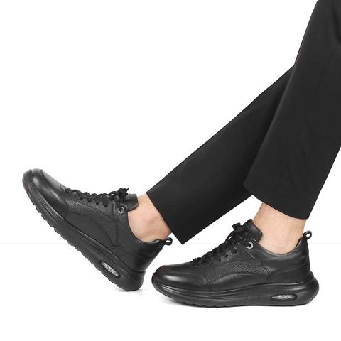 Erkek Siyah Bağcıklı Kalın Tabanlı Deri Sneaker