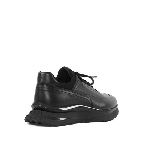 Erkek Siyah Bağcıklı Kalın Tabanlı Deri Sneaker