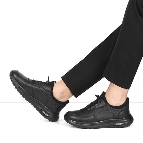 Erkek Siyah Bağcıklı Kalın Tabanlı Deri Sneaker