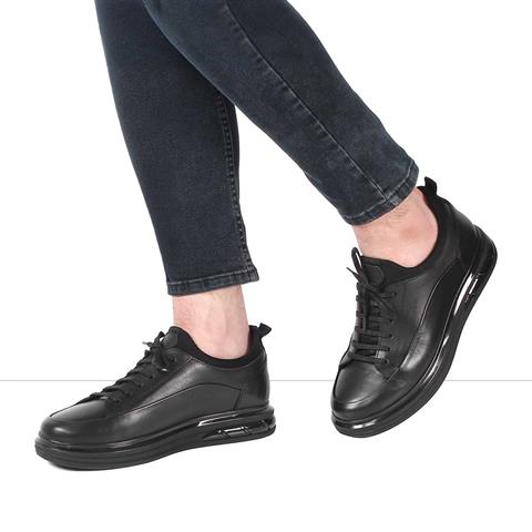 Erkek Siyah Bağcıklı Kalın Tabanlı Deri Sneaker