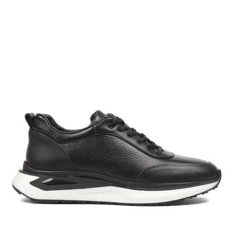 Erkek Siyah Bağcıklı Kalın Tabanlı Deri Sneaker
