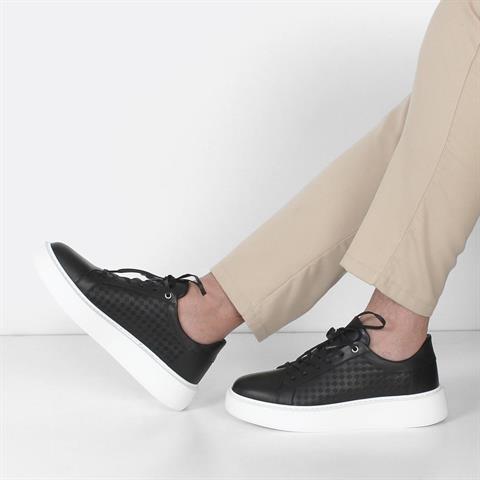 Erkek Siyah Bağcıklı Kalın Tabanlı Deri Sneaker