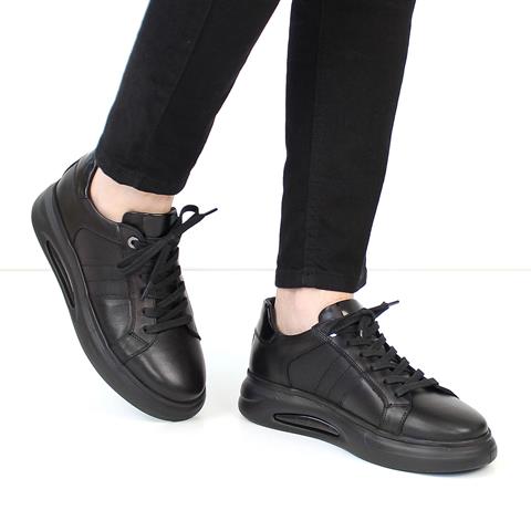 Erkek Siyah Bağcıklı Kalın Tabanlı Deri Sneaker