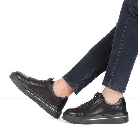 Erkek Siyah Bağcıklı Kalın Tabanlı Deri Sneaker