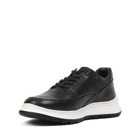 Erkek Siyah Bağcıklı Kalın Tabanlı Deri Sneaker