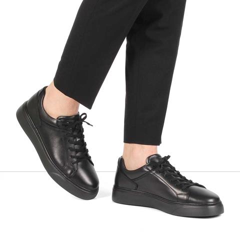 Erkek Siyah Bağcıklı Kalın Tabanlı Deri Sneaker