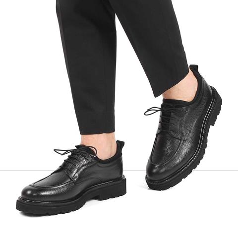 Erkek Siyah Bağcıklı Kalın Tabanlı Deri Ayakkabı