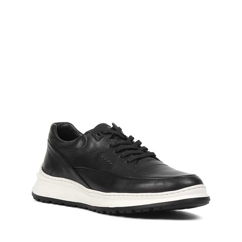Erkek Siyah Bağcıklı Kalın Tabanlı Deri Sneaker