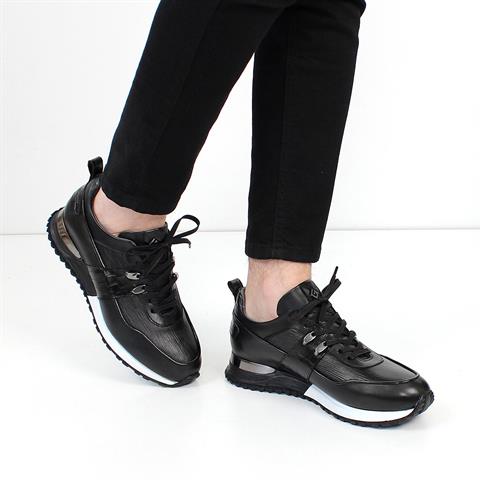 Erkek Siyah Bağcıklı Kalın Tabanlı Deri Sneaker
