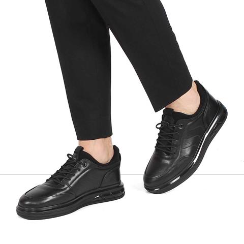 Erkek Siyah Bağcıklı Kalın Tabanlı Deri Sneaker