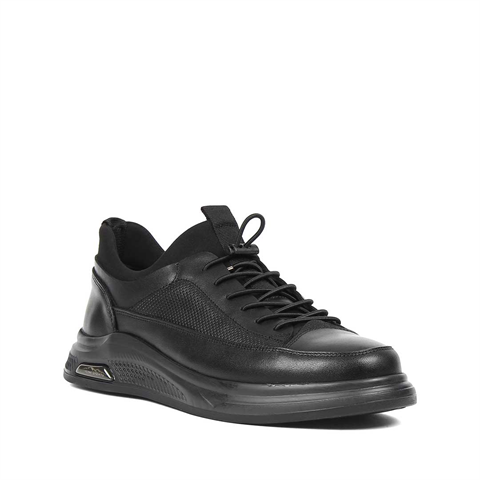Erkek Siyah Bağcıklı Kalın Tabanlı Deri Sneaker