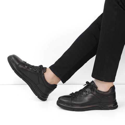 Erkek Siyah Bağcıklı Kalın Tabanlı Deri Sneaker