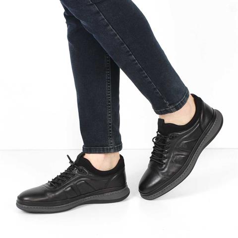 Erkek Siyah Bağcıklı Kalın Tabanlı Deri Sneaker