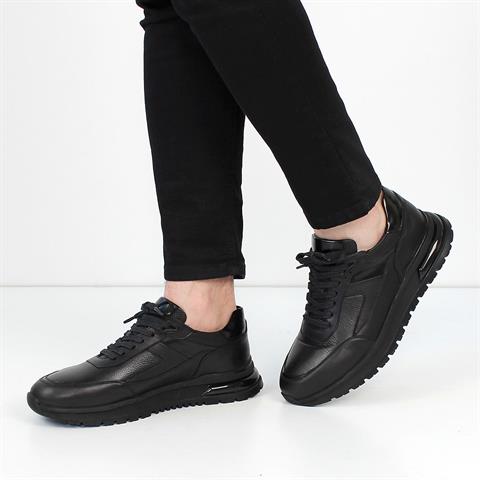Erkek Siyah Bağcıklı Kalın Tabanlı Deri Sneaker