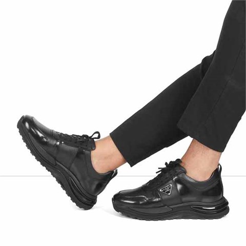 Erkek Siyah Bağcıklı Kalın Tabanlı Deri Sneaker