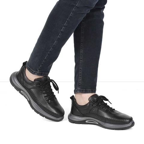 Erkek Siyah Bağcıklı Kalın Tabanlı Deri Sneaker
