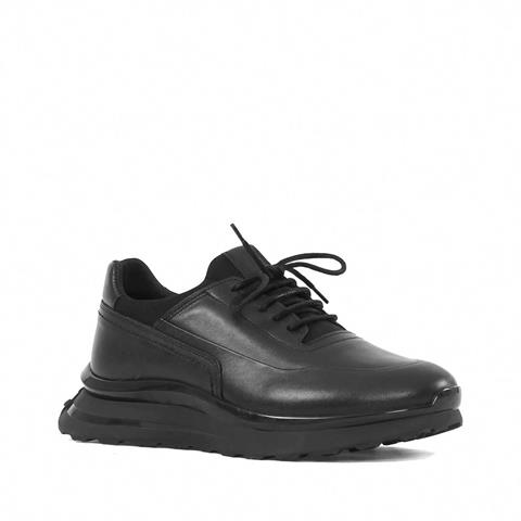 Erkek Siyah Bağcıklı Kalın Tabanlı Deri Sneaker