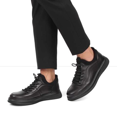 Erkek Siyah Bağcıklı Kalın Tabanlı Deri Günlük Ayakkabı