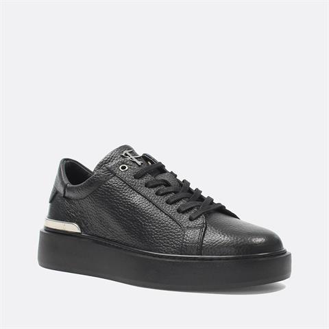 Erkek Siyah Bağcıklı Kalın Tabanlı Deri Sneaker