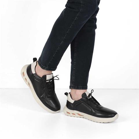 Erkek Siyah Bağcıklı Kalın Tabanlı Deri Sneaker