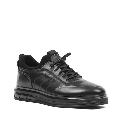 Erkek Siyah Bağcıklı Kalın Tabanlı Deri Sneaker