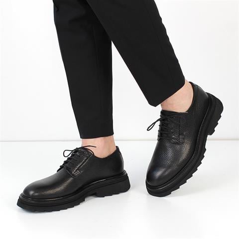 Erkek Siyah Bağcıklı Kalın Tabanlı Deri Günlük Ayakkabı