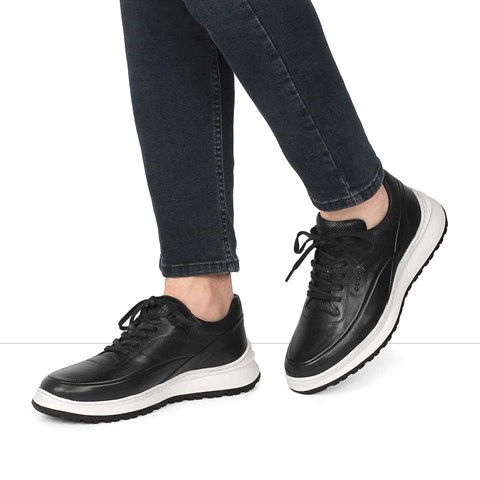 Erkek Siyah Bağcıklı Kalın Tabanlı Deri Sneaker
