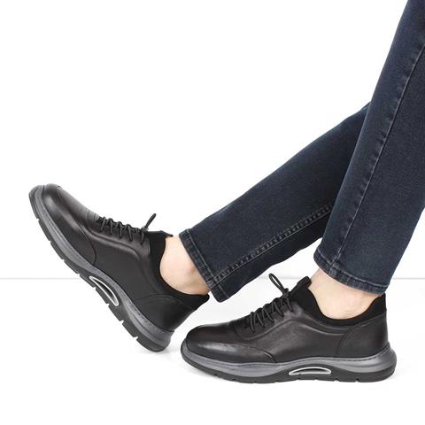 Erkek Siyah Bağcıklı Kalın Tabanlı Deri Sneaker