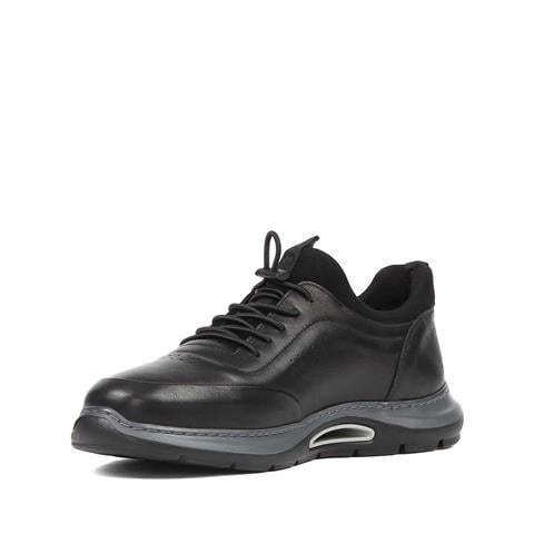 Erkek Siyah Bağcıklı Kalın Tabanlı Deri Sneaker