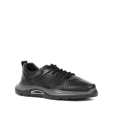 Erkek Siyah Bağcıklı Kalın Tabanlı Deri Sneaker