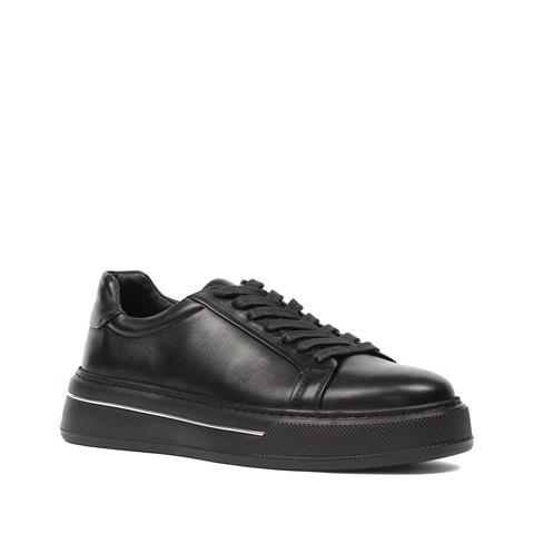 Erkek Siyah Bağcıklı Kalın Tabanlı Deri Sneaker