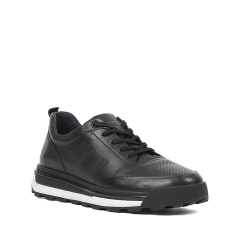Erkek Siyah Bağcıklı Kalın Tabanlı Deri Sneaker