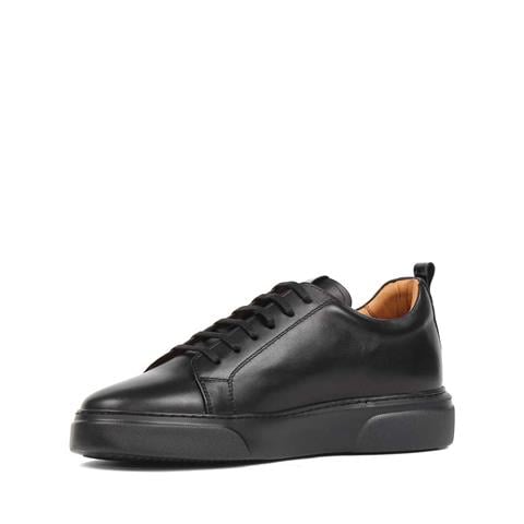 Erkek Siyah Bağcıklı Kalın Tabanlı Deri Sneaker