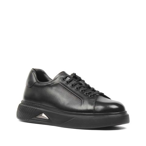 Erkek Siyah Bağcıklı Kalın Tabanlı Deri Sneaker