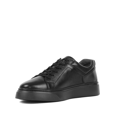 Erkek Siyah Bağcıklı Kalın Tabanlı Deri Sneaker
