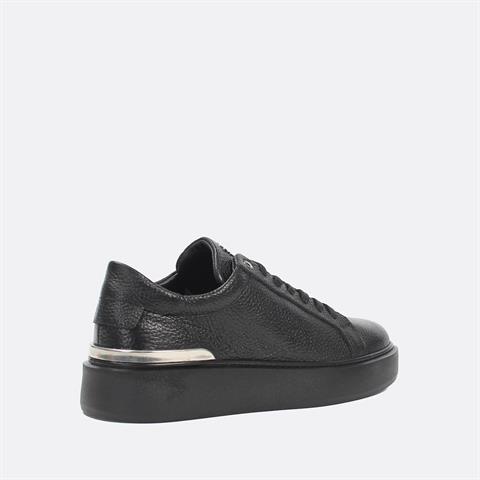 Erkek Siyah Bağcıklı Kalın Tabanlı Deri Sneaker