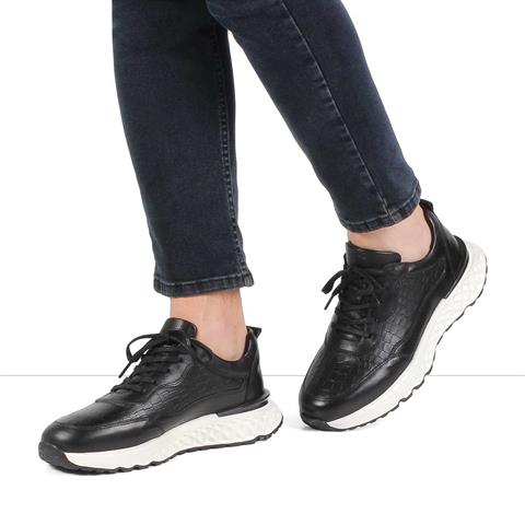 Erkek Siyah Bağcıklı Kalın Tabanlı Kroko Deri Sneaker