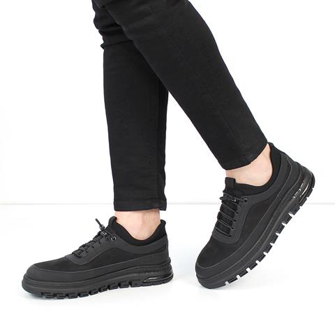 Erkek Siyah Bağcıklı Kalın Tabanlı Nubuk Deri Sneaker